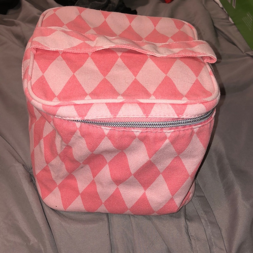 Pink argyle makeup tote
